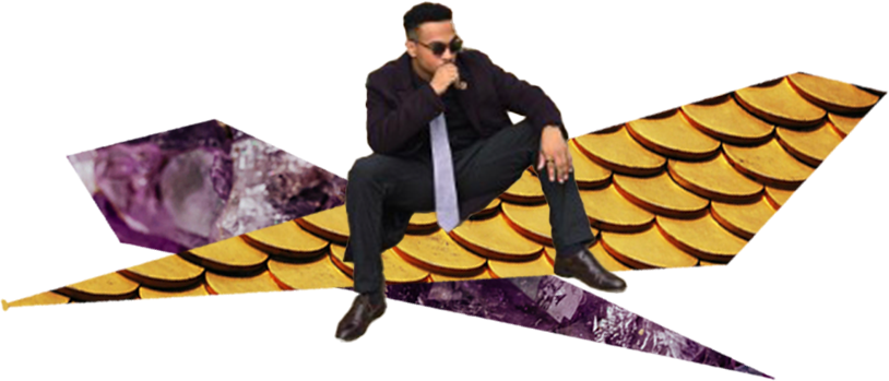 DK floating with collage gold and purple beams coming out of his hands.