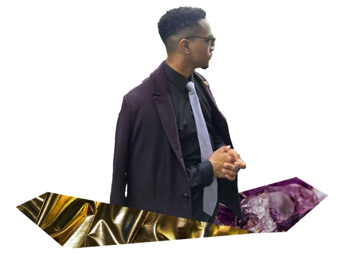 DK floating with collage gold and purple beams coming out of his hands.