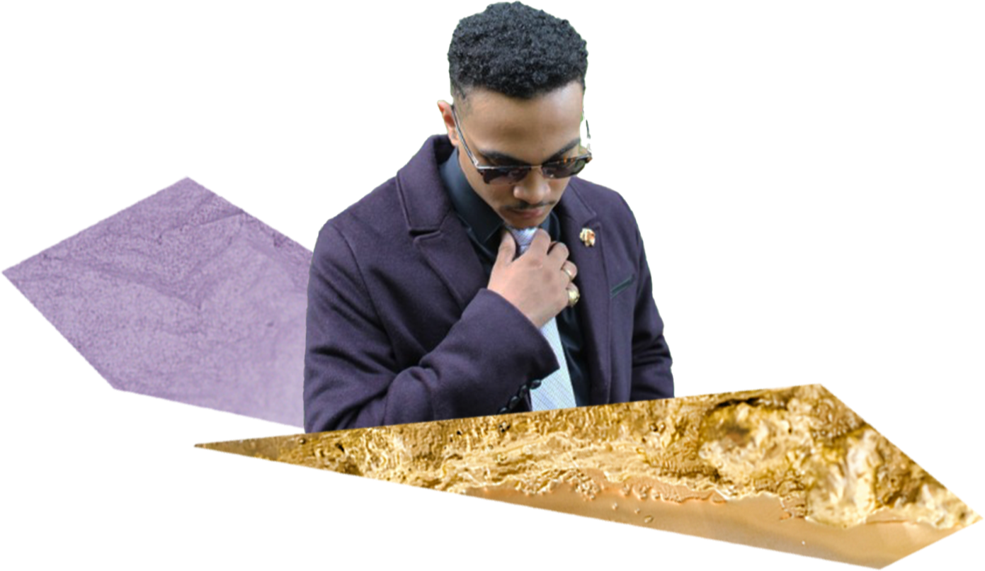 DK floating with collage gold and purple beams coming out of his hands.